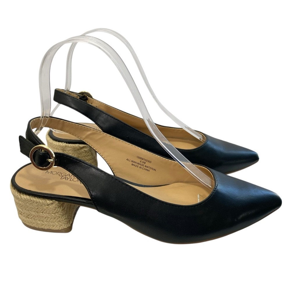 Preppy Academia Slingback Flats Leather Pointed Toe Womens 6.5 Black Block Jute